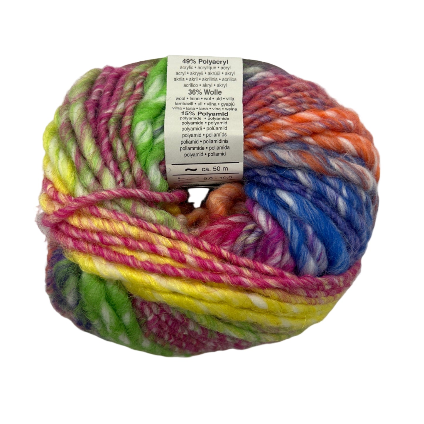 Multicolored skein of yarn on a white background