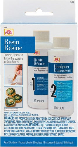 Two-part clear resin set with hardener in packaging