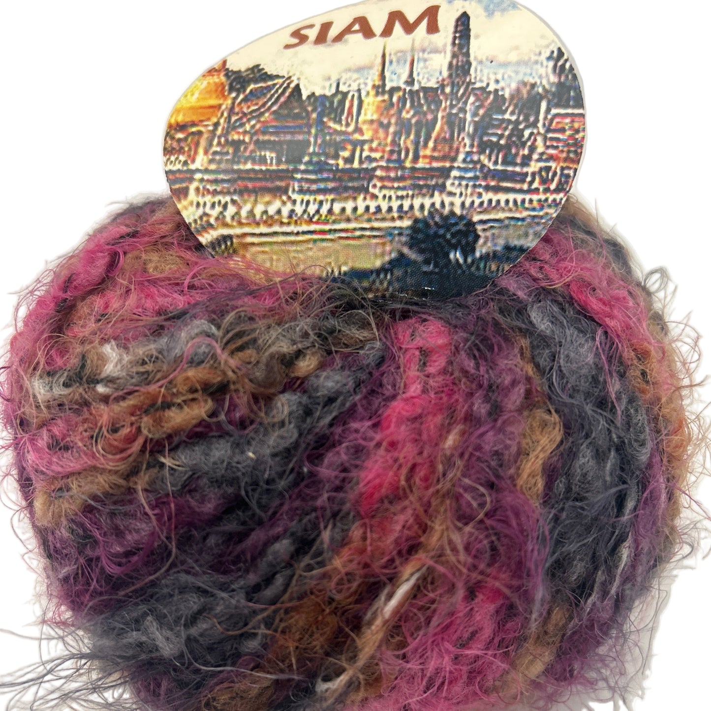 Multicolored yarn ball with a 'SIAM' label on a white background
