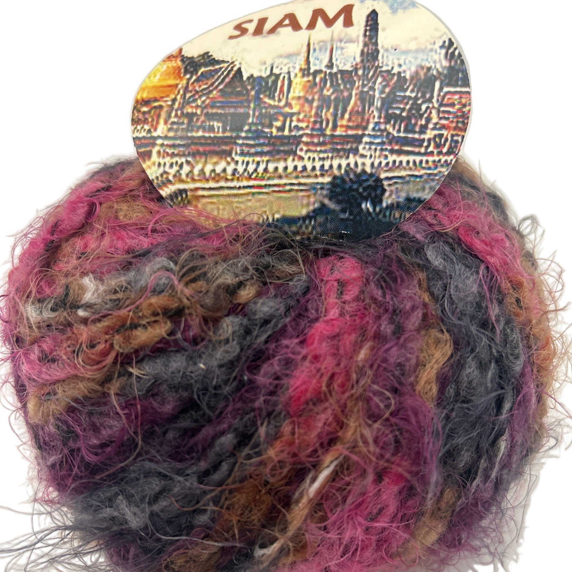 Multicolored yarn ball with a 'SIAM' label on a white background