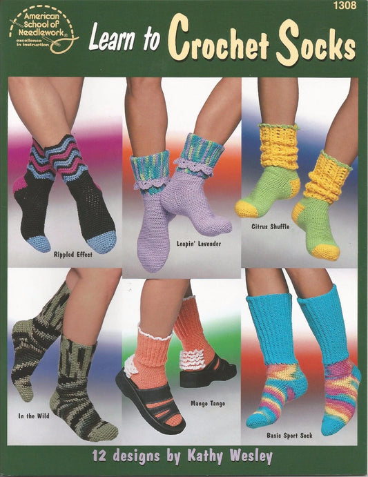 Book cover of 'Learn to Crochet Socks' by Kathy Wesley with colorful sock designs.