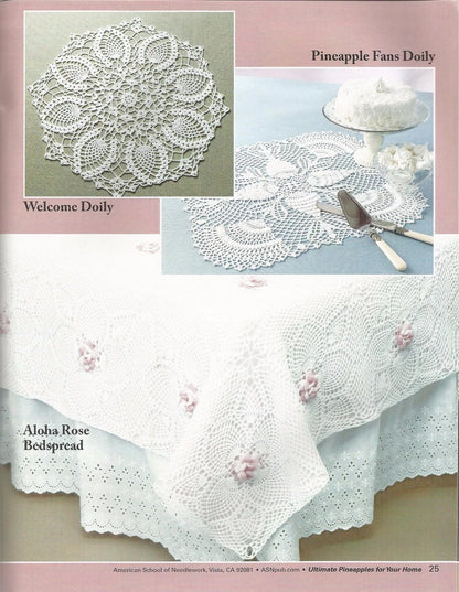 Collection of crocheted doilies and a bedspread with text labels on a pink background.
