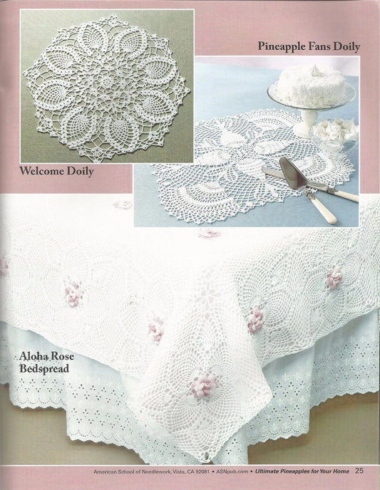 Collection of crocheted doilies and a bedspread with text labels on a pink background.