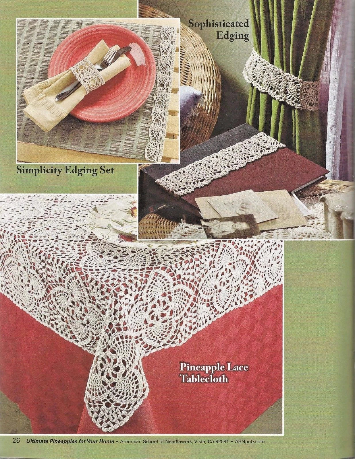 Collage of lace tablecloths and edgings with a green border.