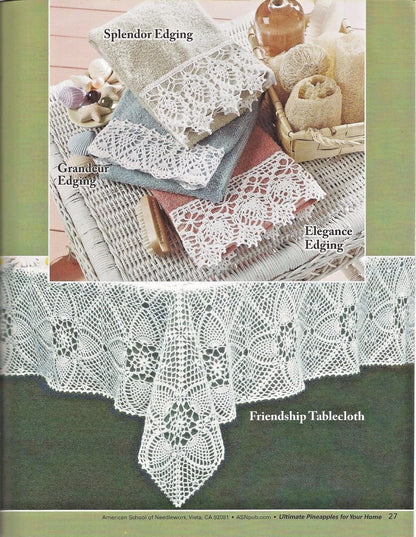 Knitted tablecloths and edgings with text labels on a green background