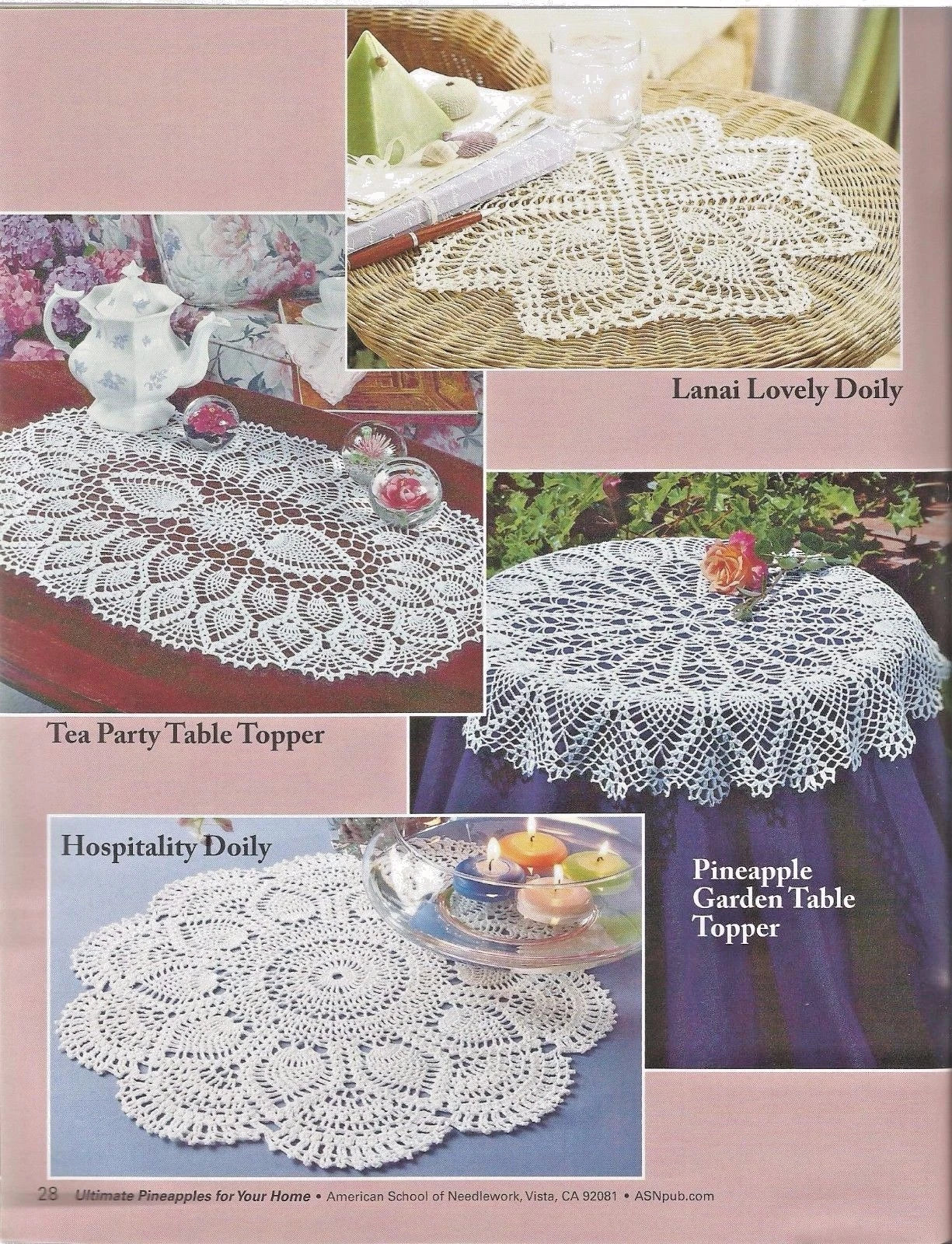 Collage of various crochet doilies with labels on a pink background