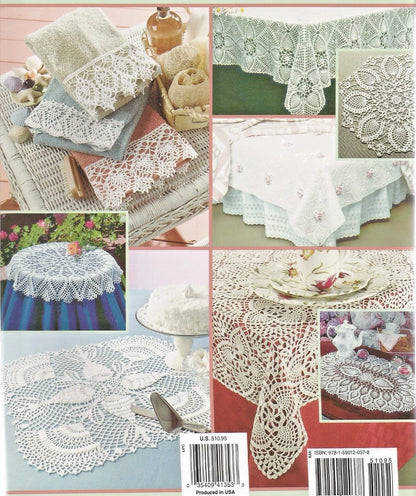 Collection of lace tablecloths and doilies with a product code label.