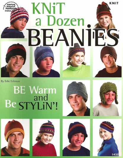 Book cover of 'Knit a Dozen Beanies' with images of people wearing beanies.