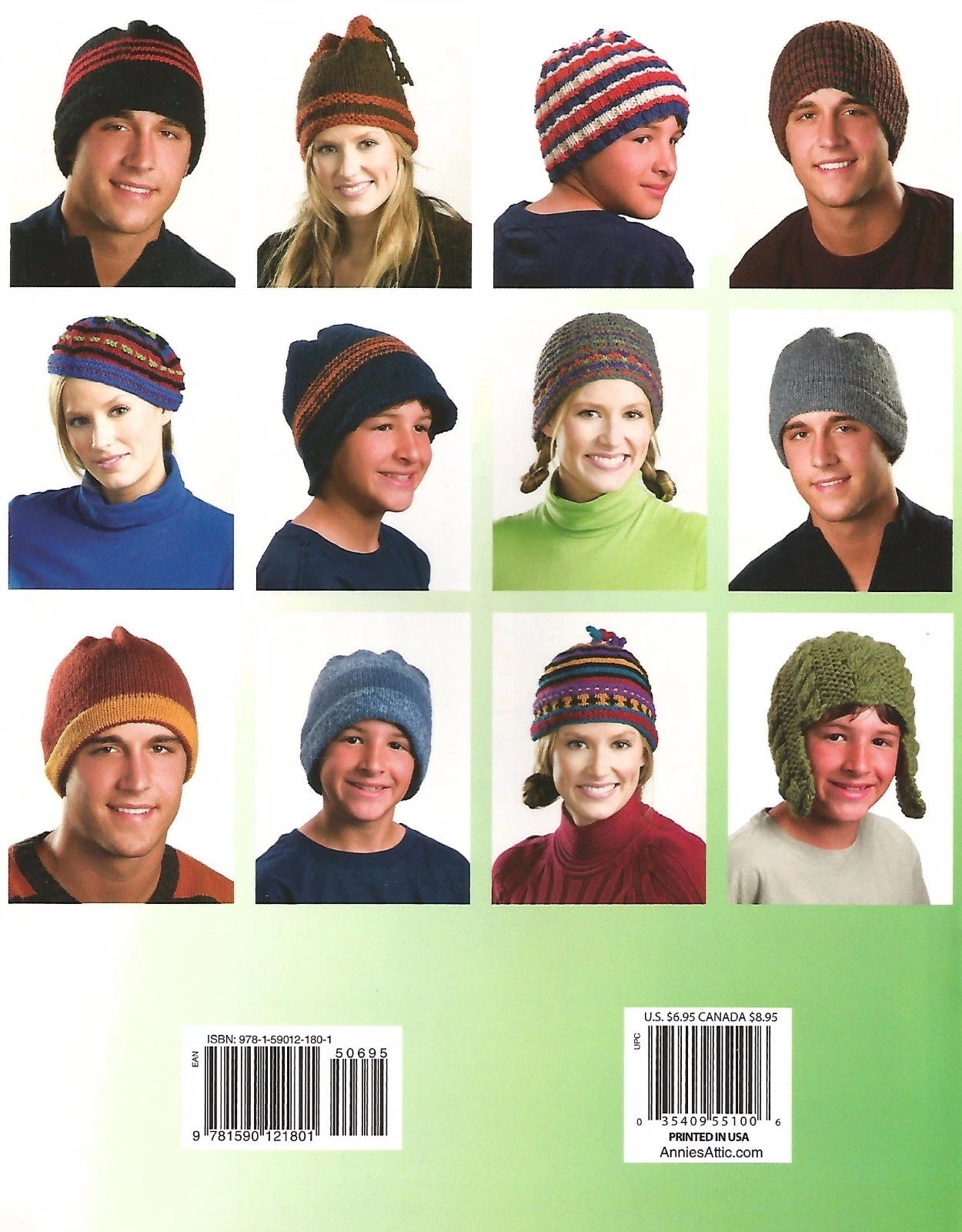 Collection of people wearing colorful knit hats on a green background