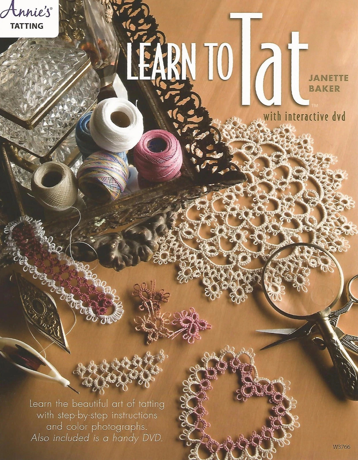 Book cover of 'Learn to Tat' with tatting supplies and lace on a wooden surface.
