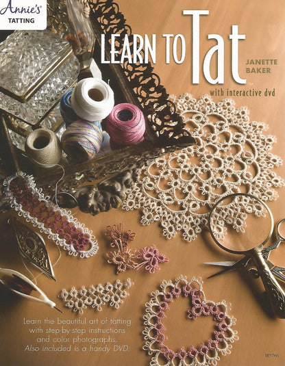 Book cover of 'Learn to Tat' with tatting supplies and lace on a wooden surface.