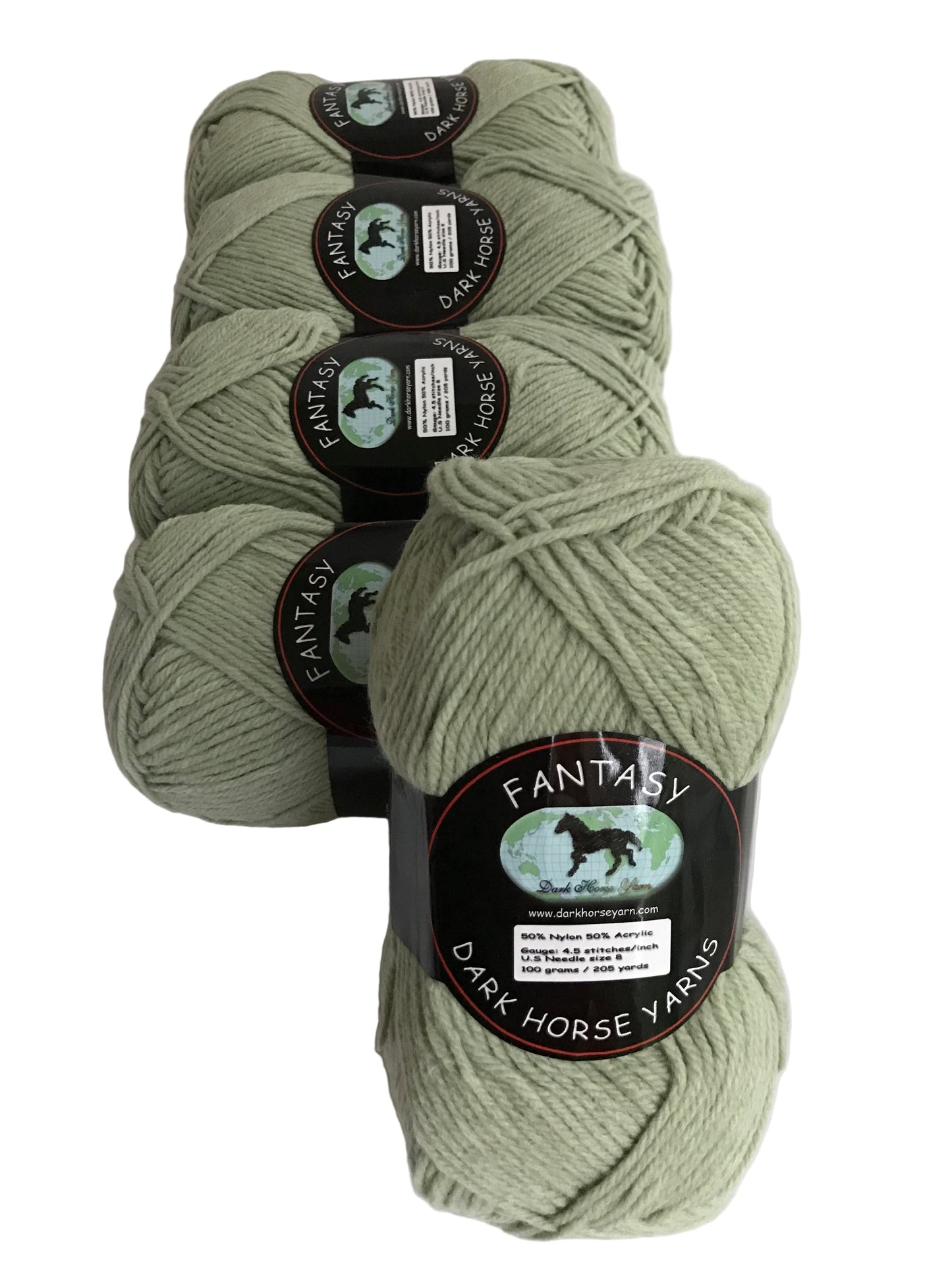 Five skeins of green yarn with labels on a white background