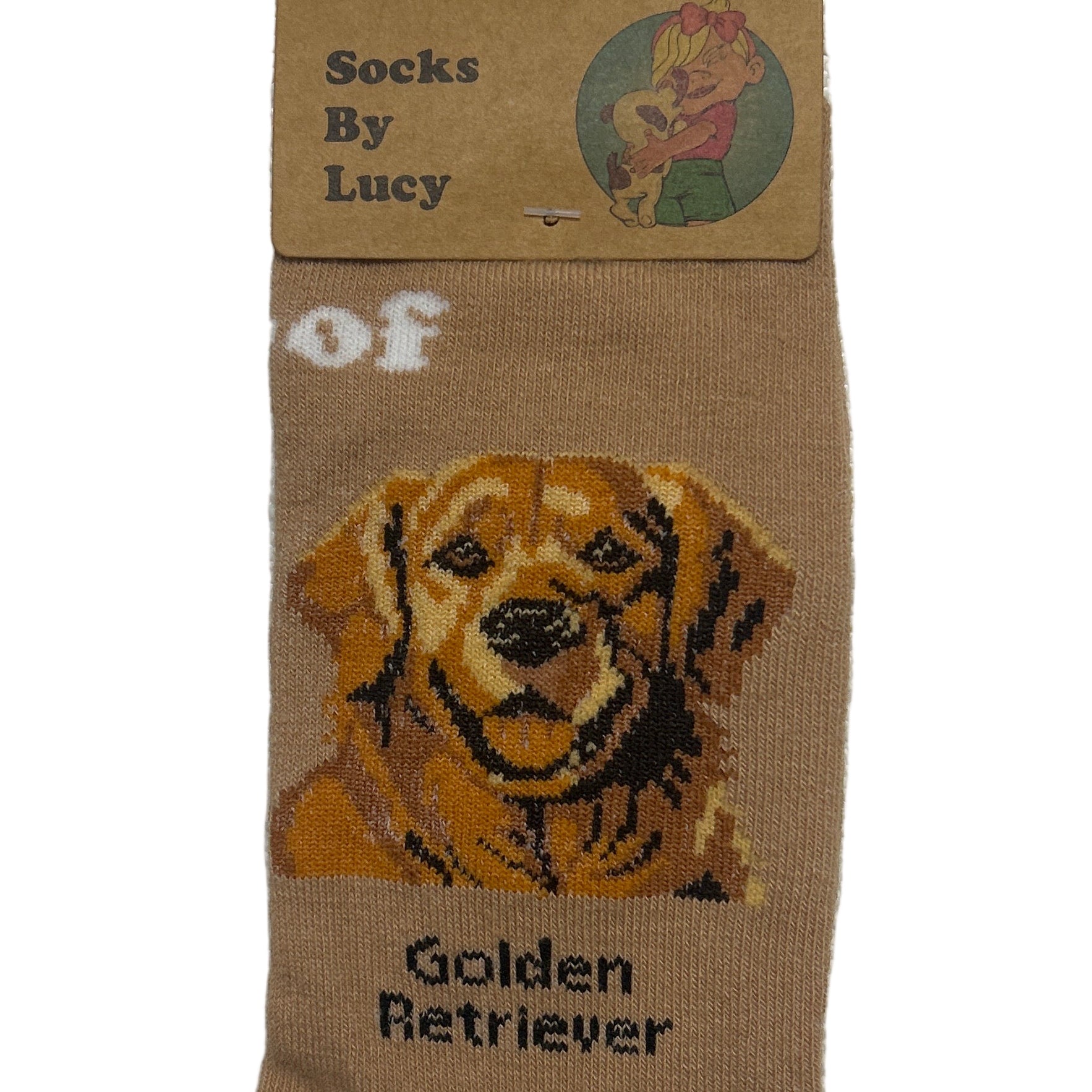 Brown sock with dog breed design and matching packaging on a textured surface