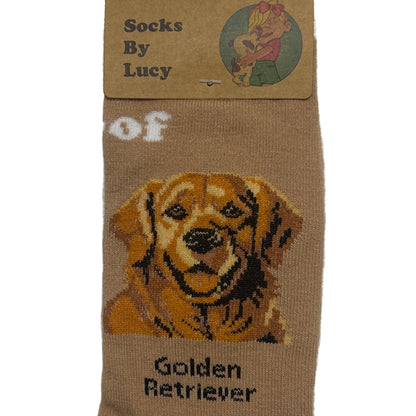 Brown sock with dog breed design and matching packaging on a textured surface