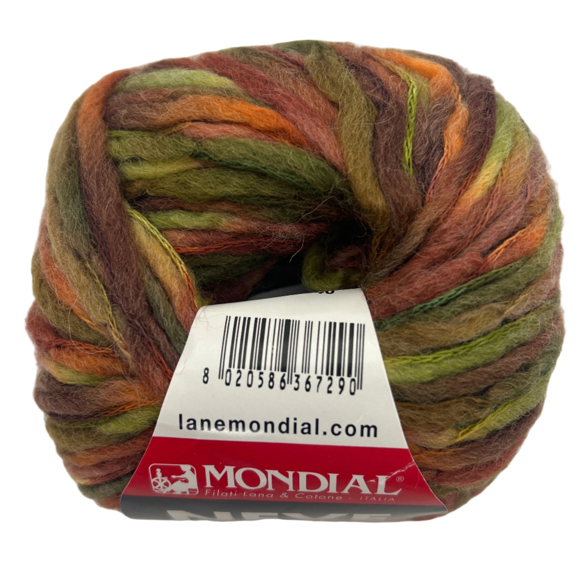 Multicolored skein of yarn with a Mondial label on a white background