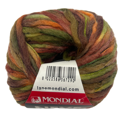 Multicolored skein of yarn with a Mondial label on a white background