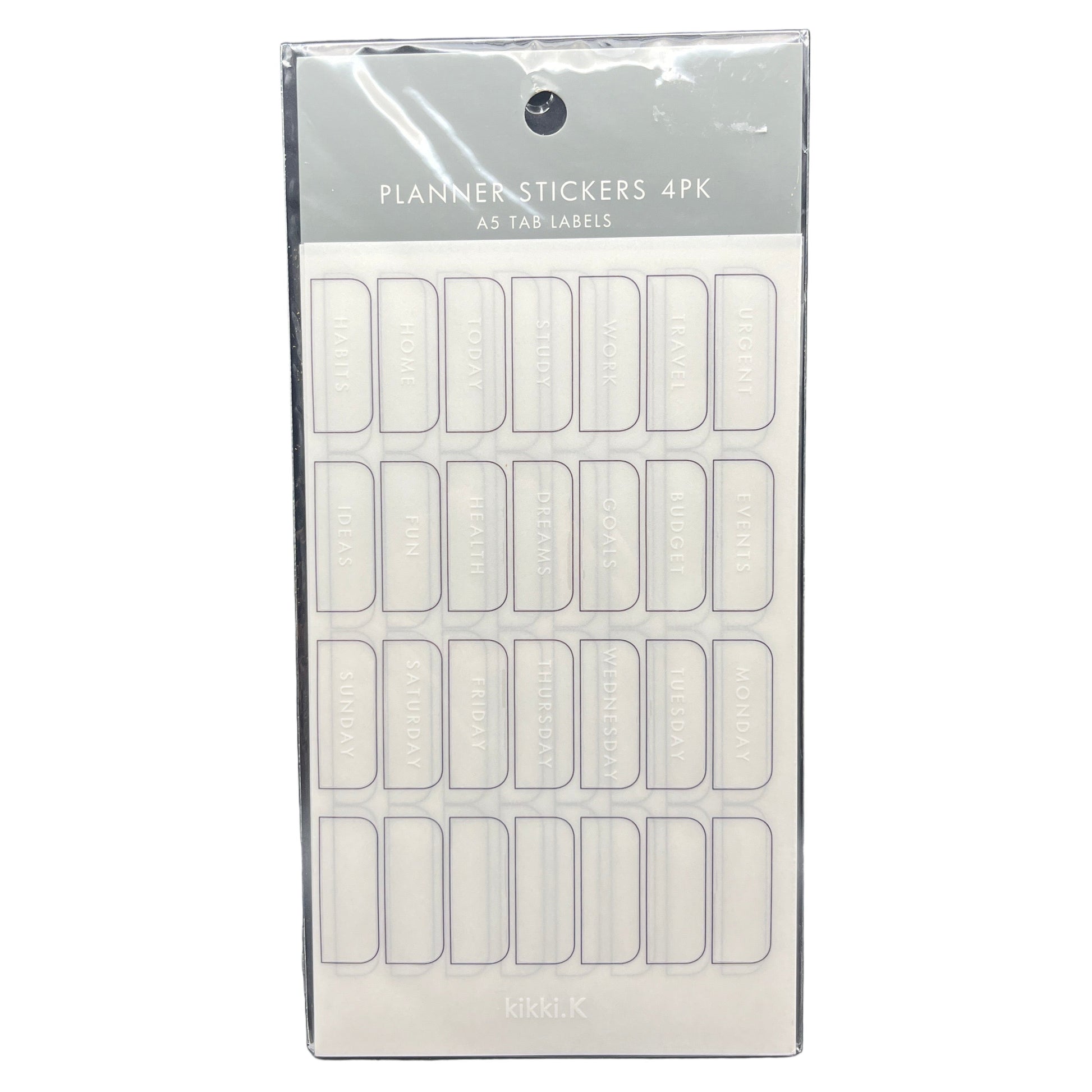 Packaging of planner stickers with white labels on a white background