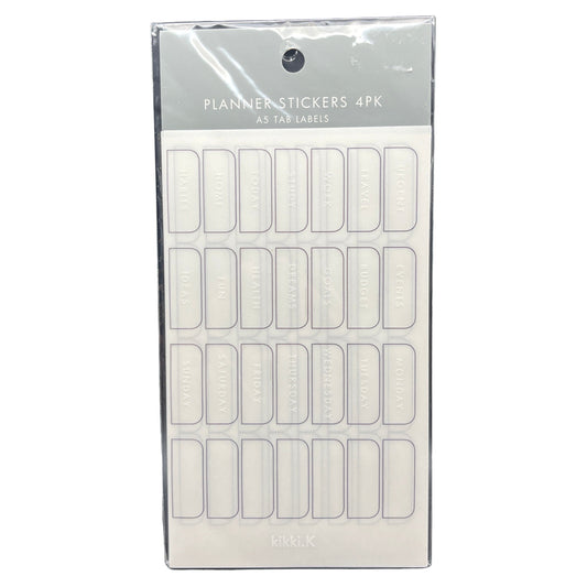 Packaging of planner stickers with white labels on a white background
