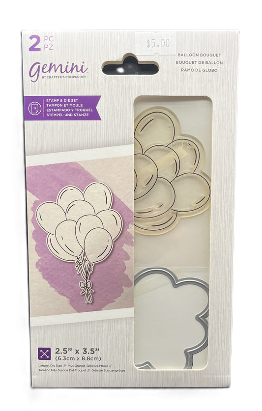 Packaging of Gemini balloon-themed stamp and die set with balloon design on a white background.