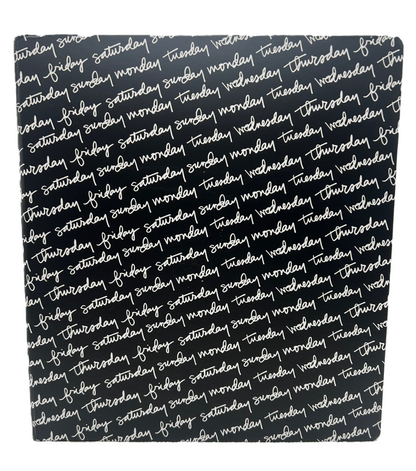 Navy blanket with white days of the week text pattern