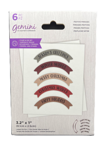 Packaging of Gemini stamp and die set with festive phrases on a white background