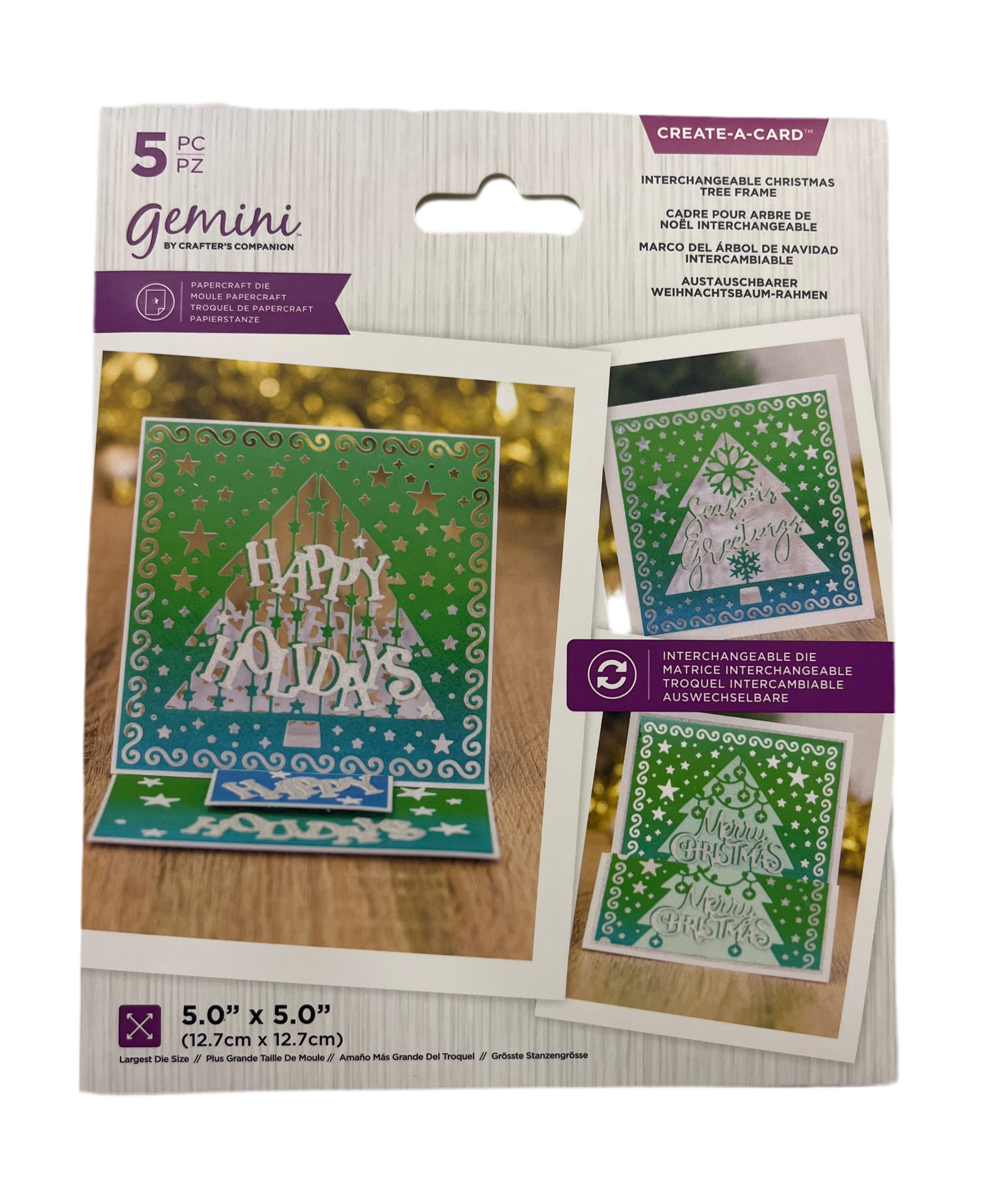 Packaged Gemini interchangeable Christmas tree card set with 'Happy Holidays' text.