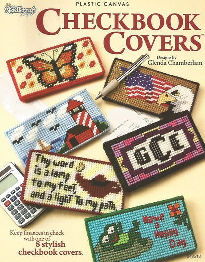 Plastic canvas checkbook covers with designs on a white background