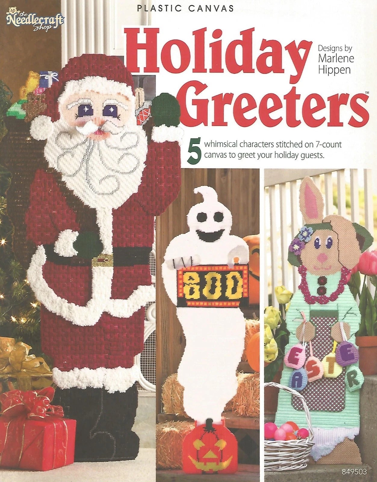 Book cover of 'Holiday Greeters' with illustrations of a Santa Claus, ghost, and bunny on plastic canvas.