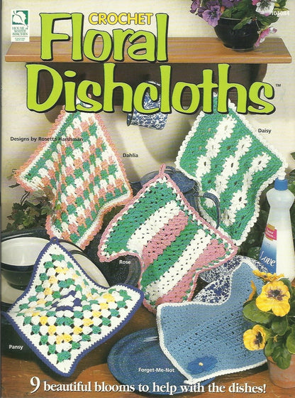 Book cover of 'Crochet Floral Dishcloths' with images of crocheted dishcloths and flowers.