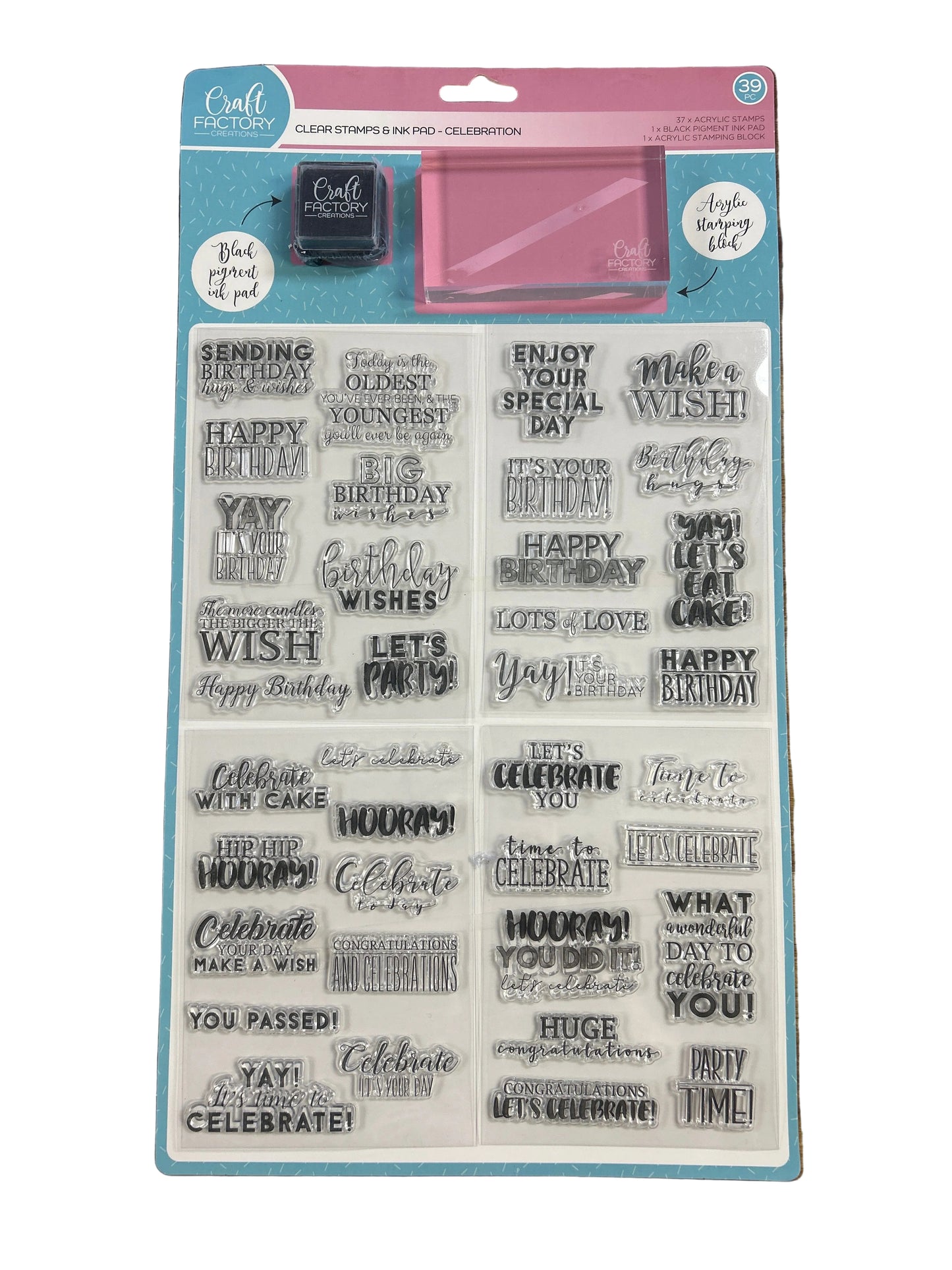 Craft Factory Celebration 39pc Clear Stamps w/ Ink Pad & Acrylic Block