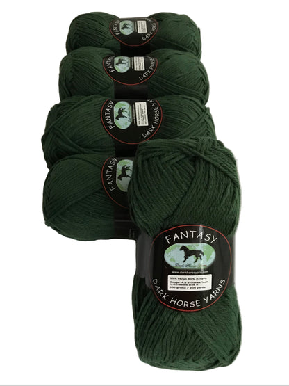 Dark green yarn skeins with 'Fantasy Dark Horse Yarns' labels on a white background