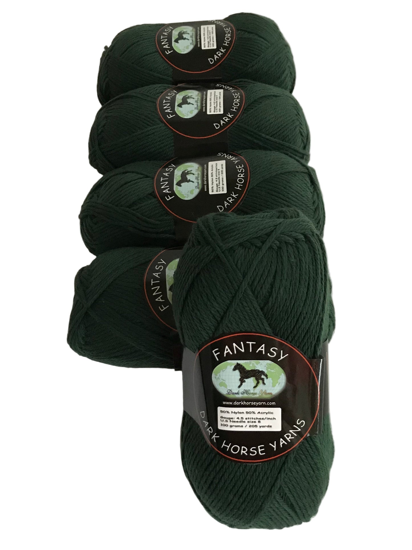 Five skeins of dark green yarn with labels on a white background