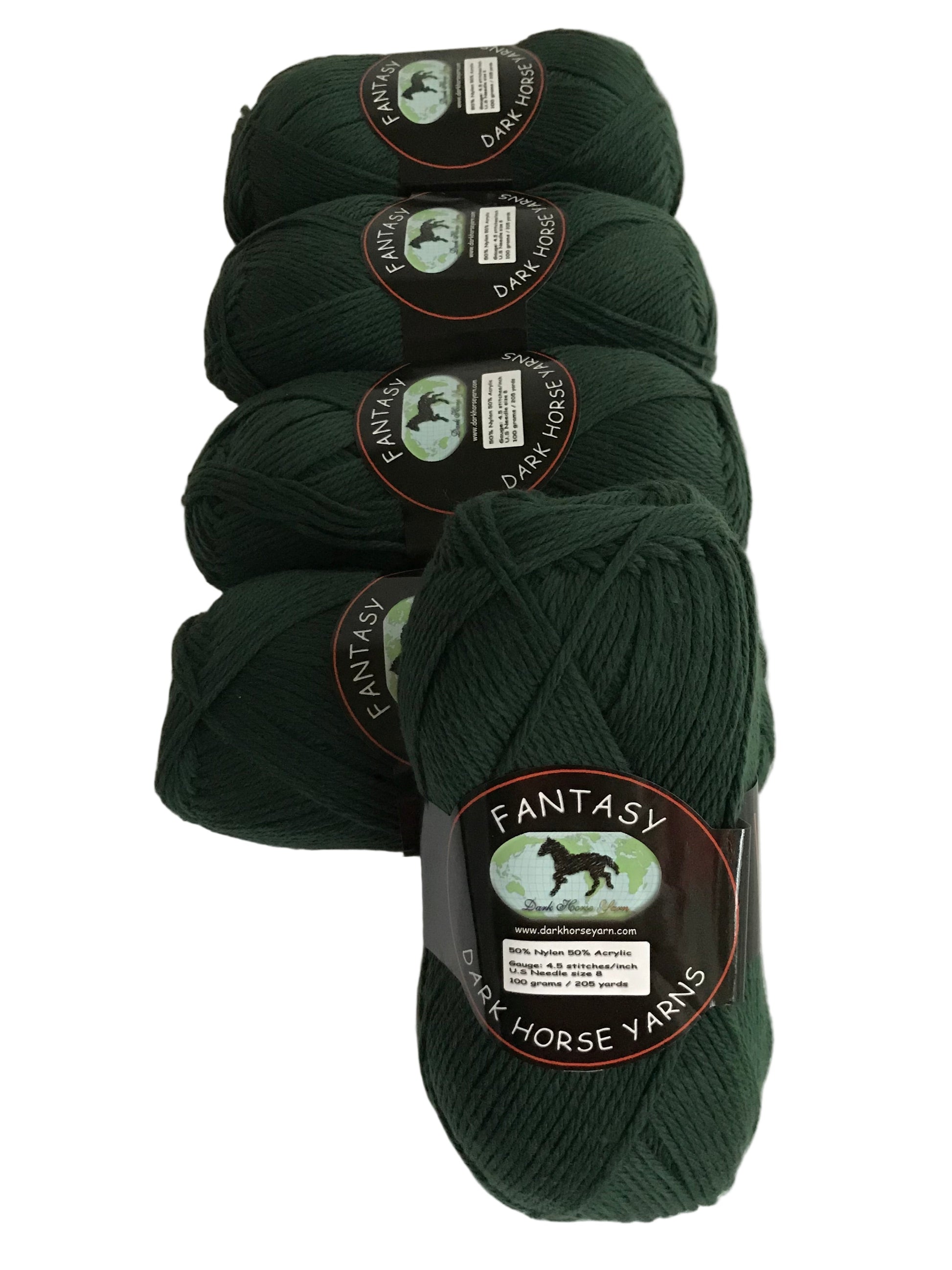 Five skeins of dark green yarn with labels on a white background