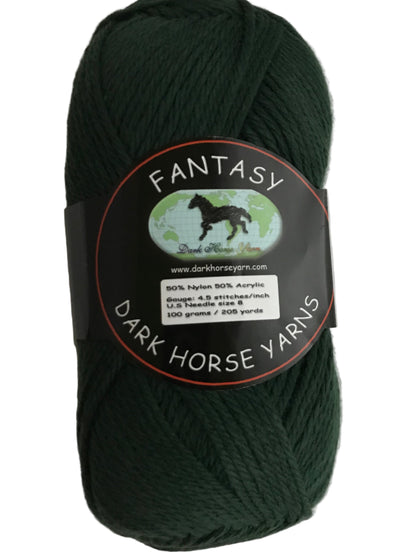 Dark green skein of yarn with Dark Horse Yarns label on a white background