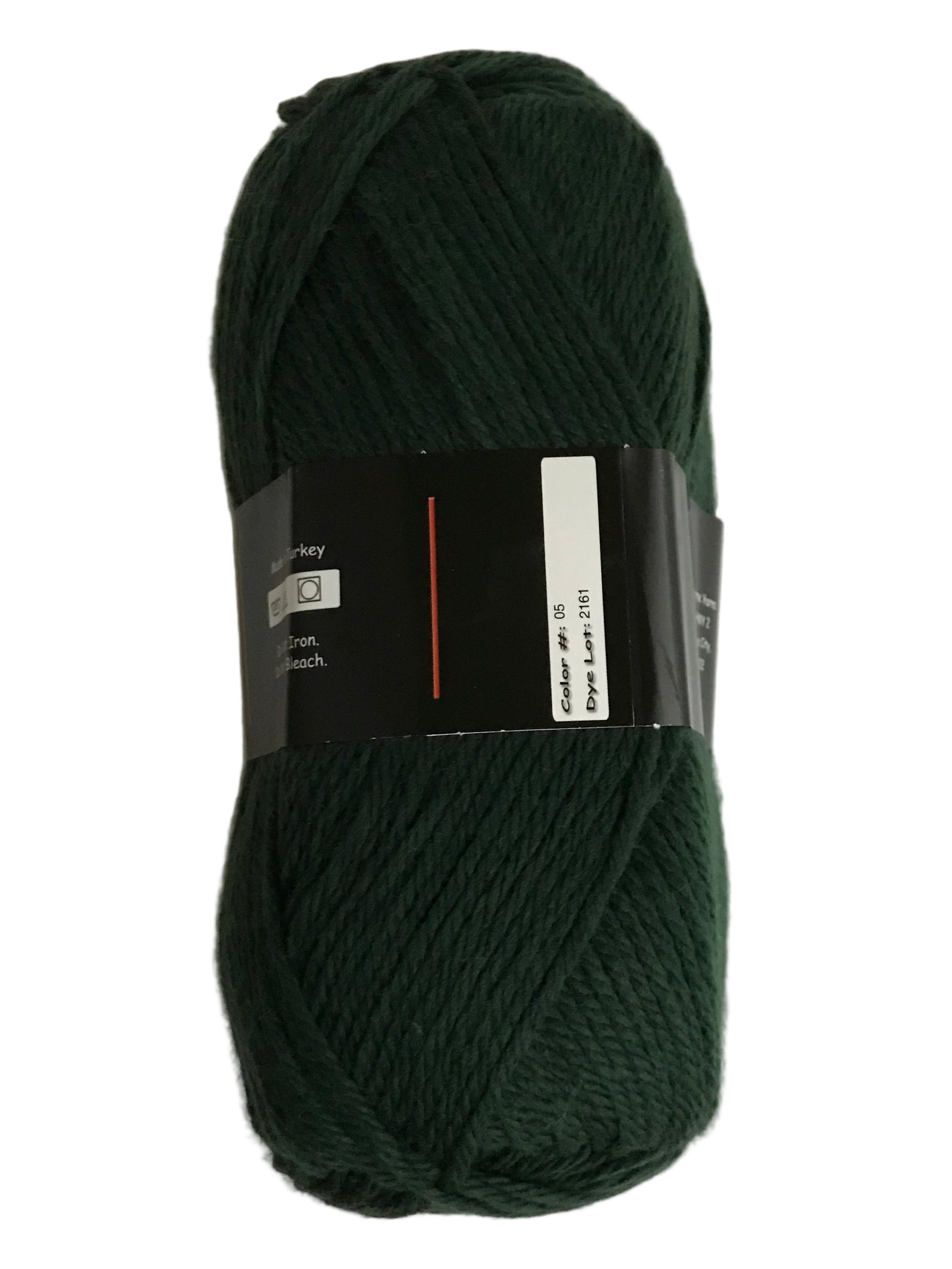 Dark green skein of yarn with a label on a white background
