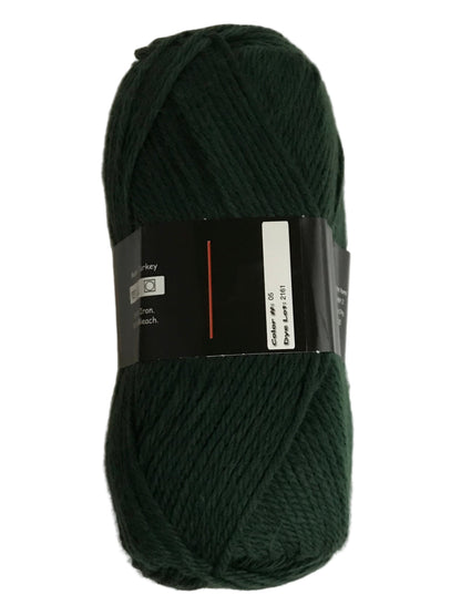 Dark green skein of yarn with a label on a white background