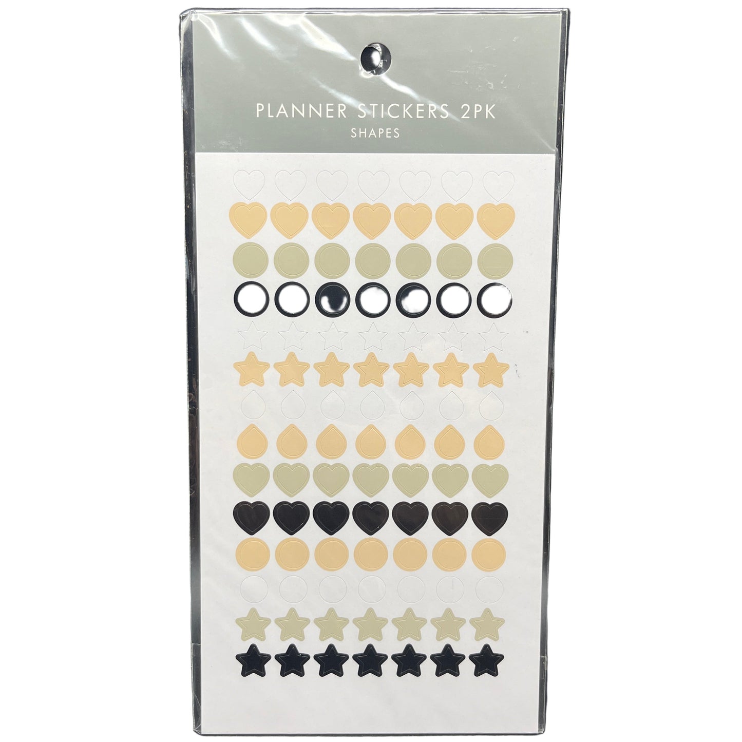 Packaging of planner stickers with various shapes and colors on a white background