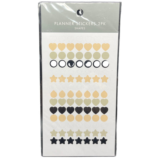 Packaging of planner stickers with various shapes and colors on a white background