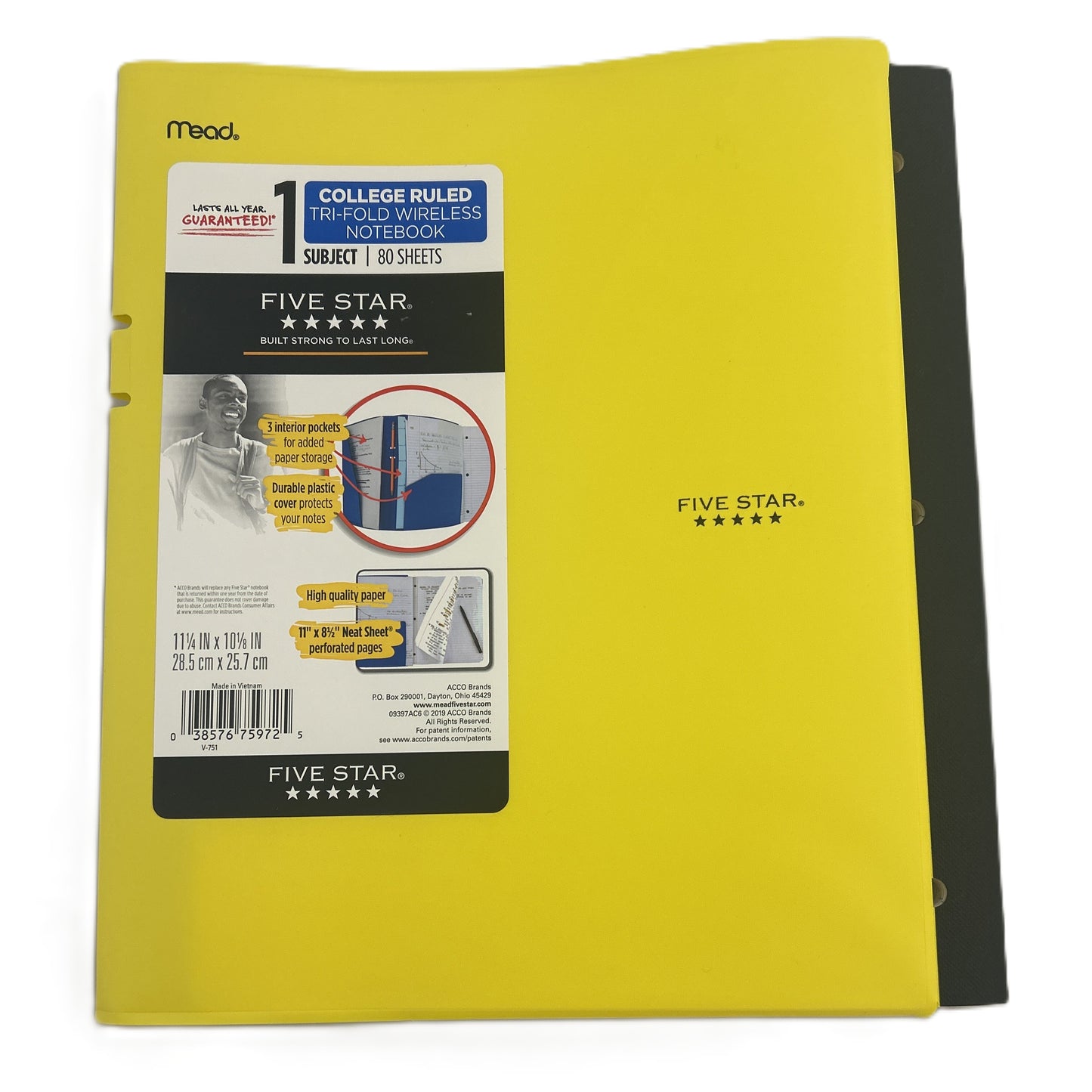 Yellow Five Star notebook with branding and product details on a white background