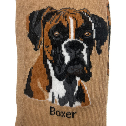 Sock with a boxer dog design and 'Boxer' text on a textured surface