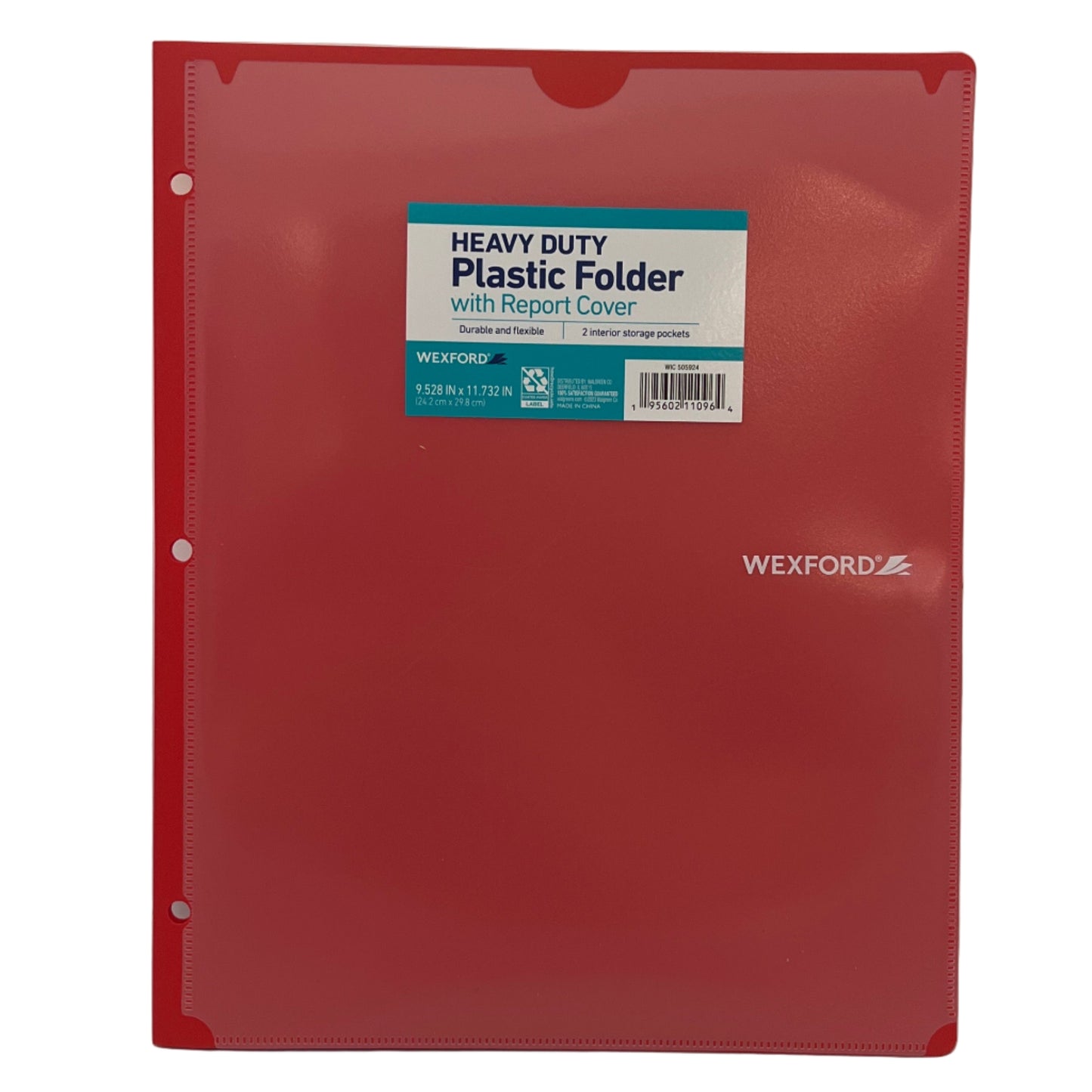 Red heavy-duty plastic folder with report cover by Wexford on a white background