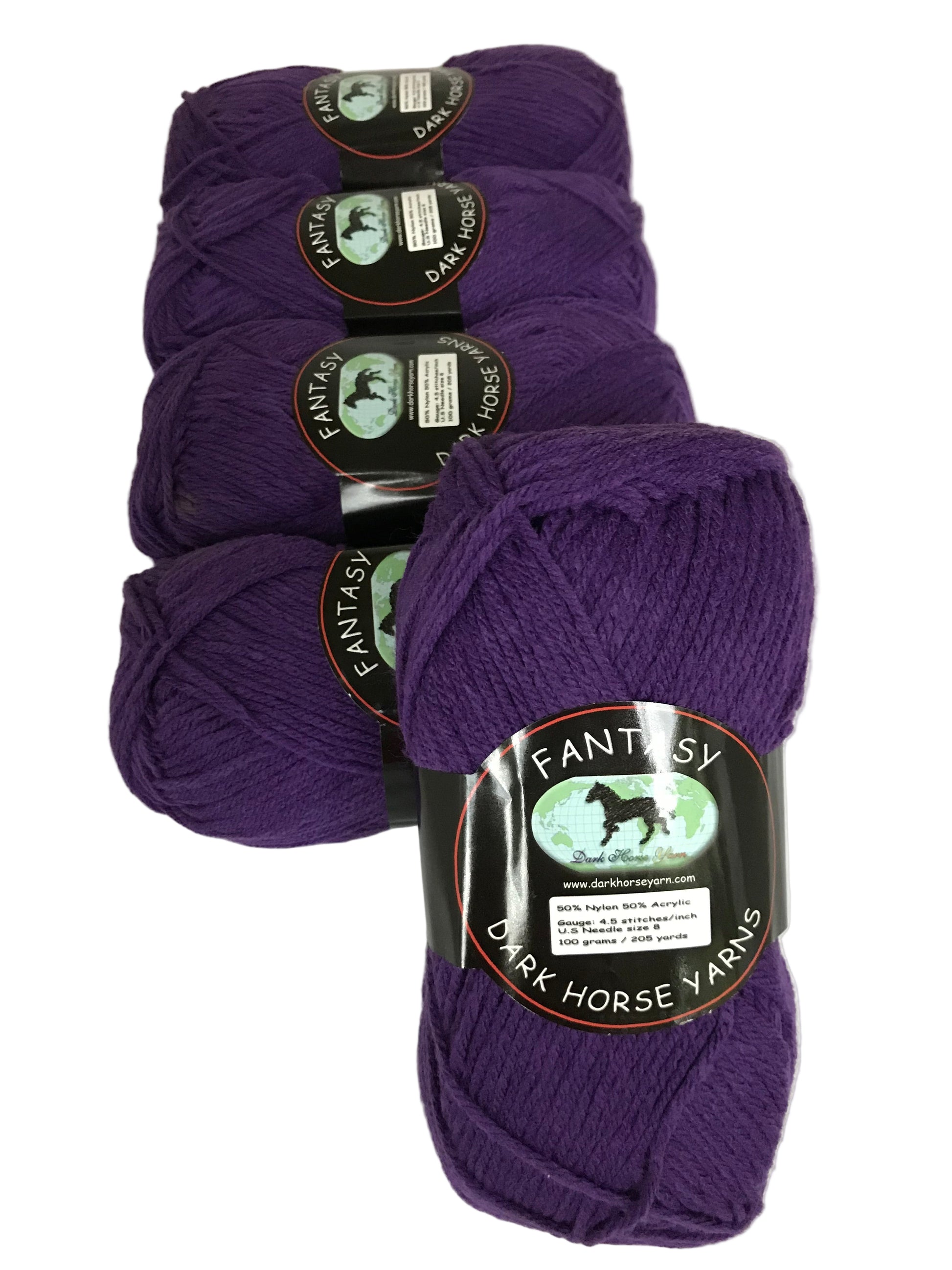 Purple yarn skeins with labels on a white background