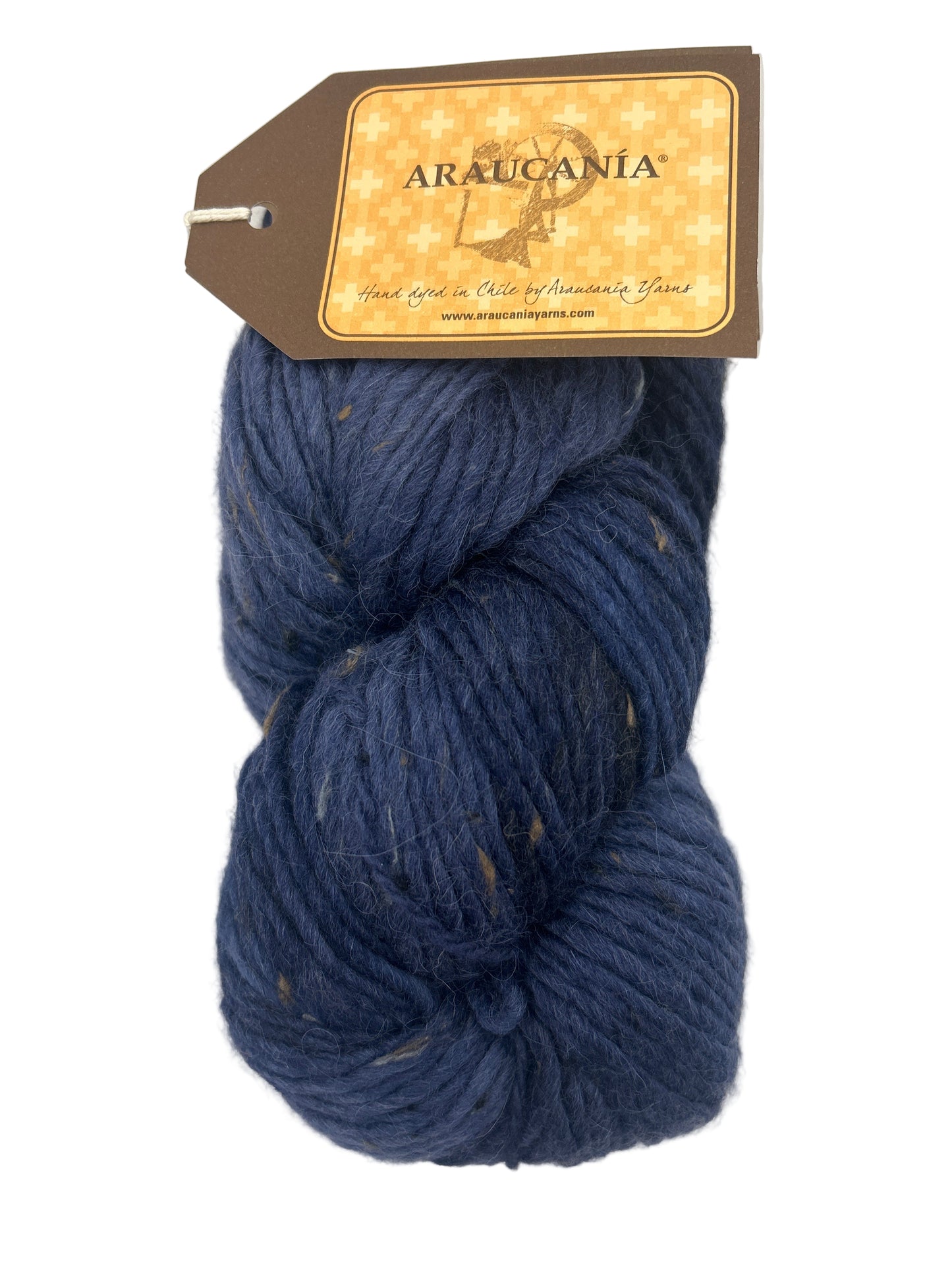 Blue skein of yarn with a label on a white background