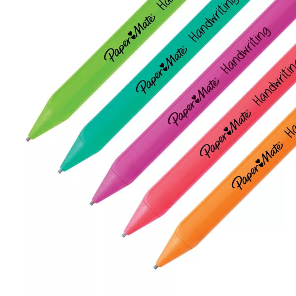 Five colorful Paper Mate Handwriting pens on a white background