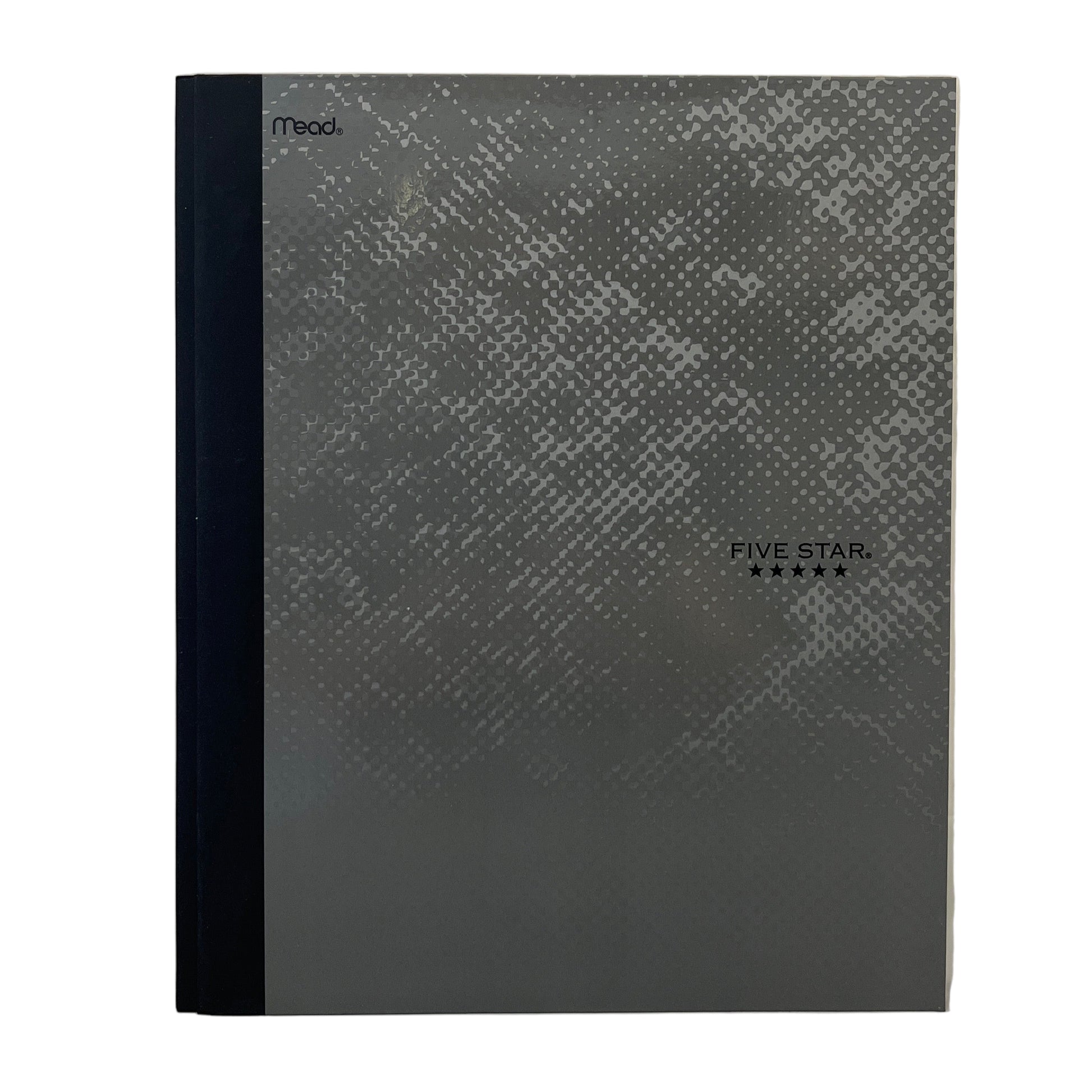 Gray textured book with black band on a white background