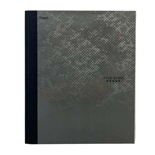 Gray textured book with black band on a white background