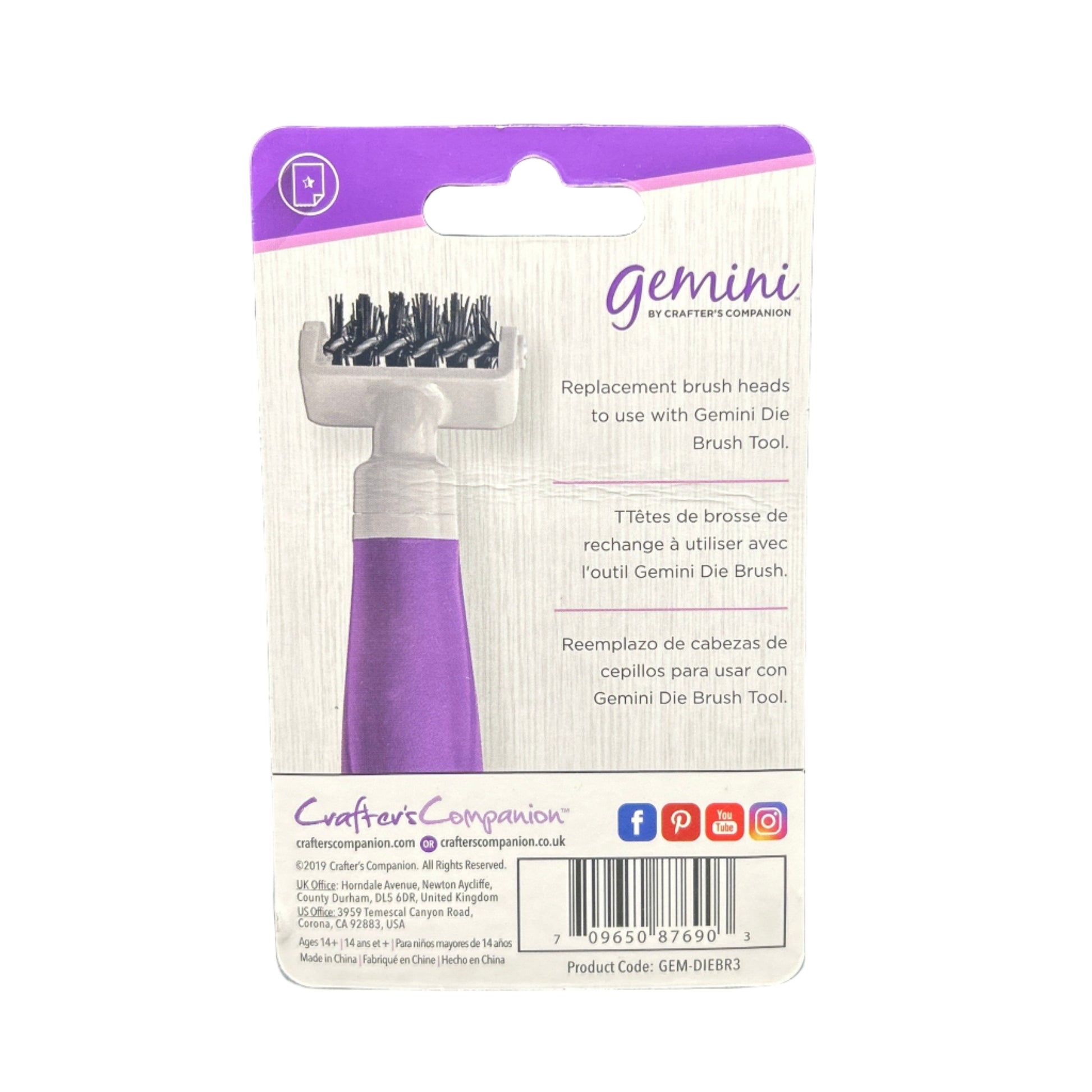 Packaging of Gemini replacement brush heads for a die cutting tool with purple and white design.