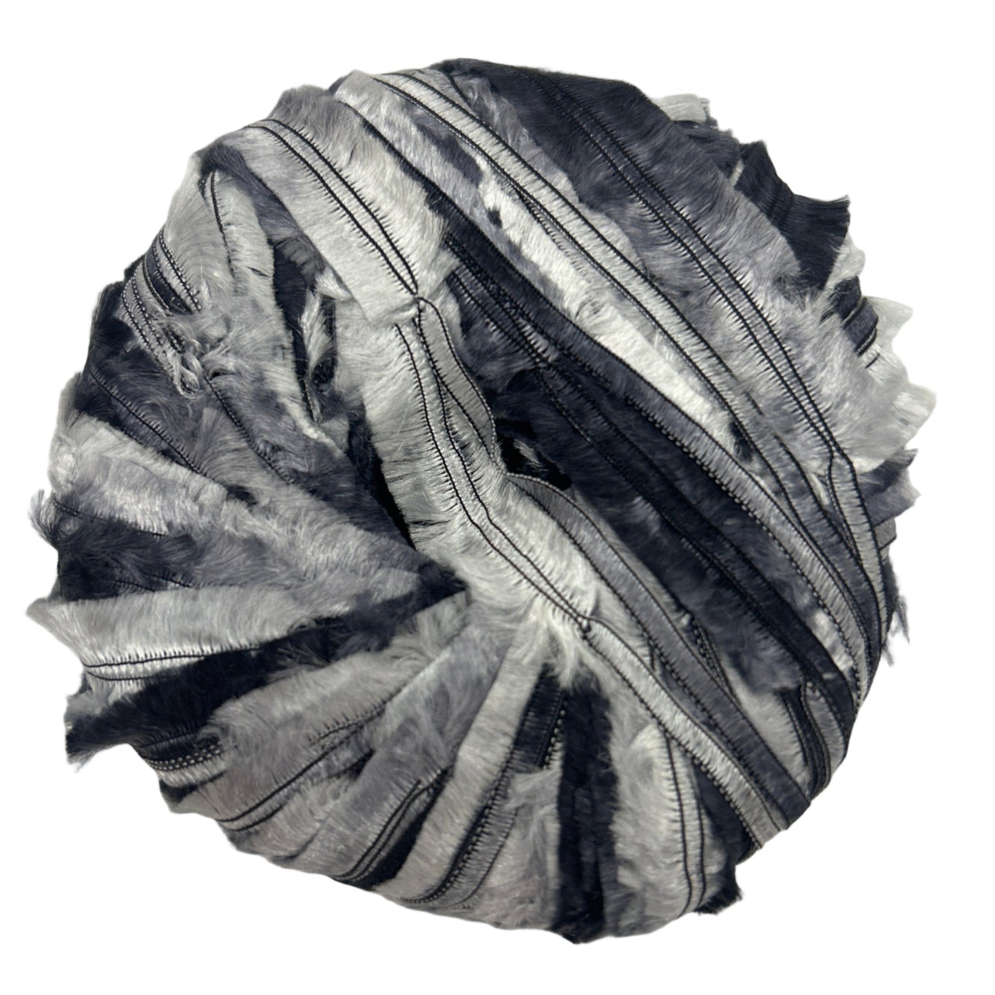 Black and silver striped fabric ball on a white background