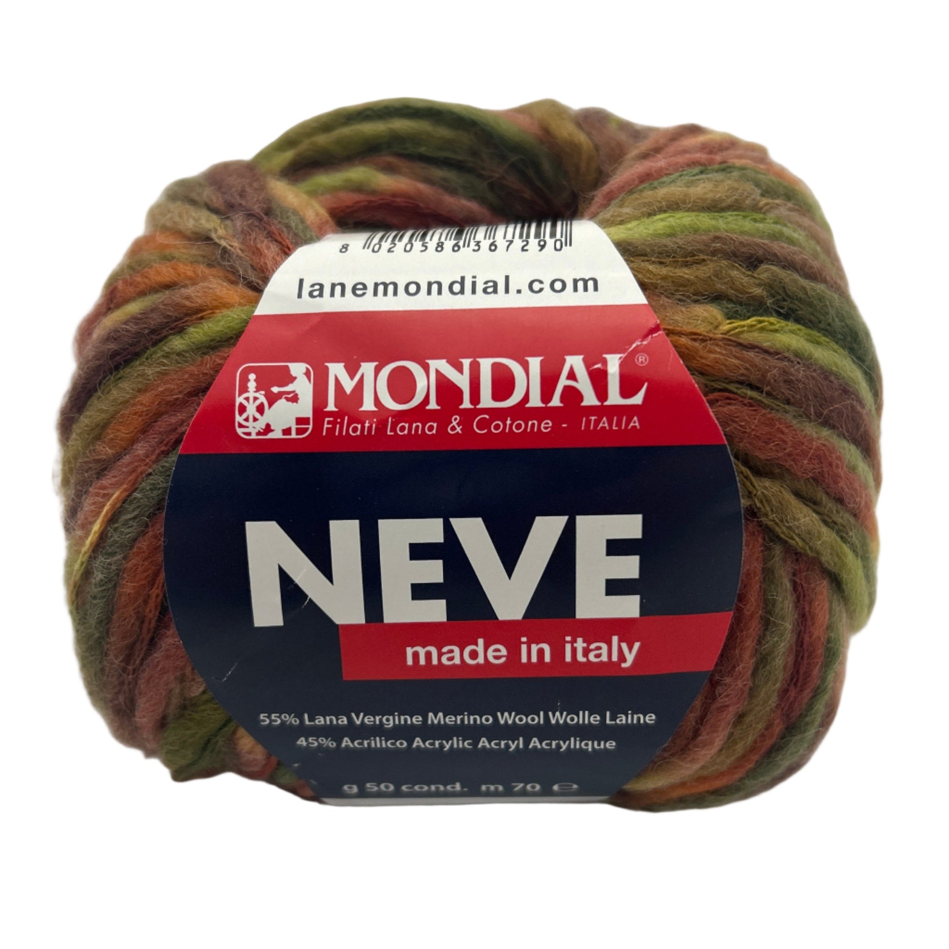 Ball of yarn with Mondial Neve label on a white background