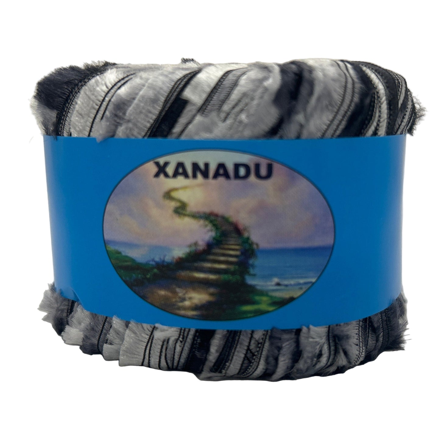 Yarn ball with a blue label featuring the brand 'Xanadu' on a white background